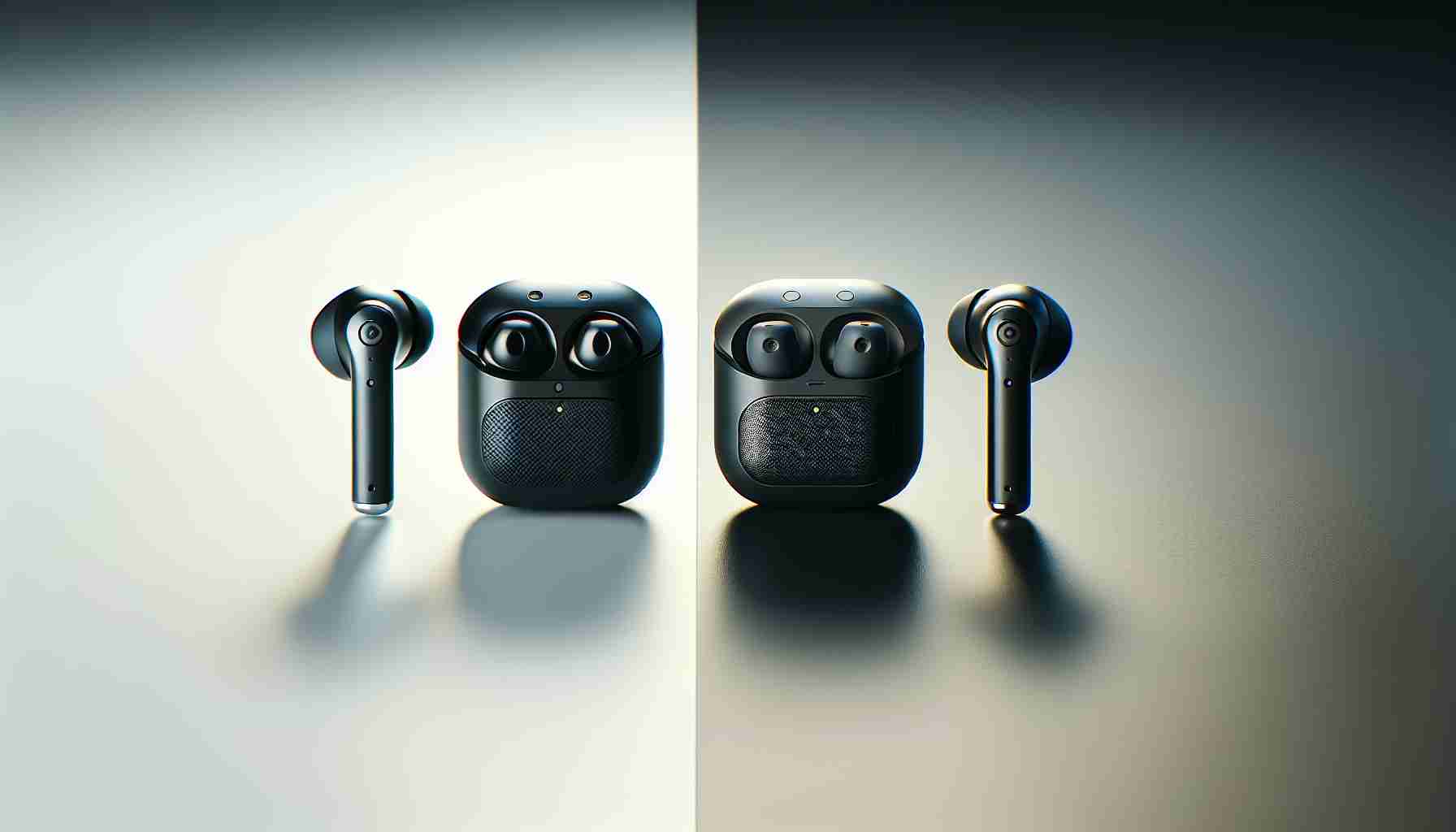 Generate a detailed high-definition image of a comparison between two types of wireless earbuds. On one side, depict a pair of earbuds with distinguishing features such as an ergonomic design, glossy touch controls, and prominent logo. On the other side, display another pair of earbuds with traits like compact size, matte finish, and subtle branding. Please highlight their distinctive characteristics, sitting side by side on a clean surface under uniform lighting.