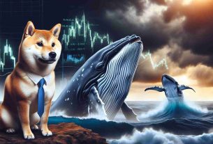 A high-definition, realistic image that depicts a Shiba Inu and a whale. They are placed in a setting that symbolises the stock market, to signify market volatility. Perhaps the Shiba Inu could be standing on dry land, carefully observing the whale, which is jumping in and out of stormy seas. The skies are dark and cloudy, reflecting the uncertainty and turbulence of the market.