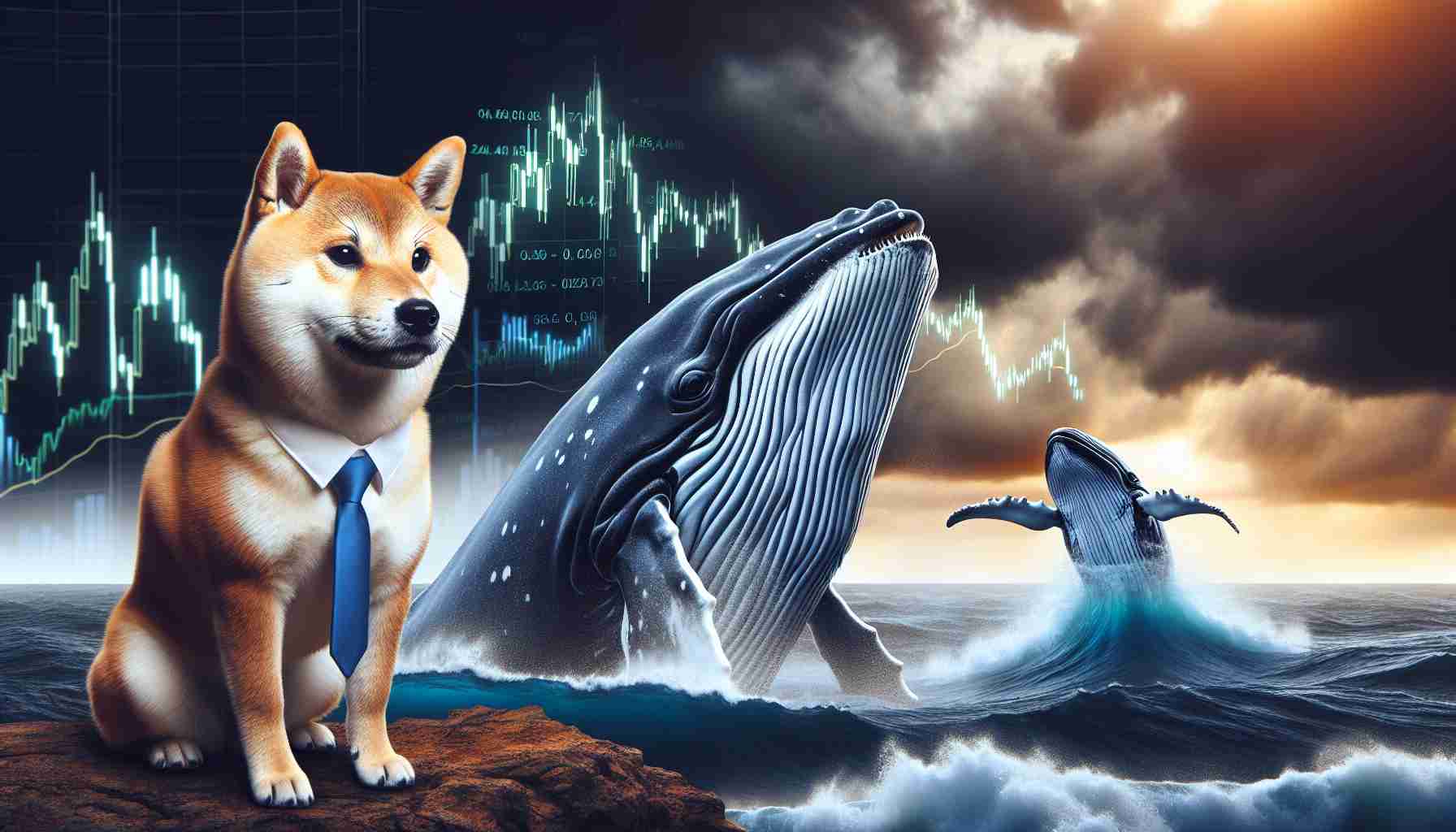 A high-definition, realistic image that depicts a Shiba Inu and a whale. They are placed in a setting that symbolises the stock market, to signify market volatility. Perhaps the Shiba Inu could be standing on dry land, carefully observing the whale, which is jumping in and out of stormy seas. The skies are dark and cloudy, reflecting the uncertainty and turbulence of the market.