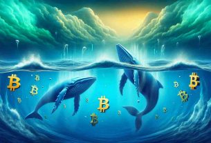 A high definition, realistic image showing the abstract concept of 'Bitcoin Whales' initiating a significant change in the market. To visualize this, imagine a serene, deep ocean scene with giant whales, which are adorned with Bitcoin symbols. The water around them begins to swirl and bubble, foreshadowing an imminent change. Above the water, a stormy sky illustrates the dynamic market conditions, with clouds shaped like arrows pointing in various directions to symbolize market trends.