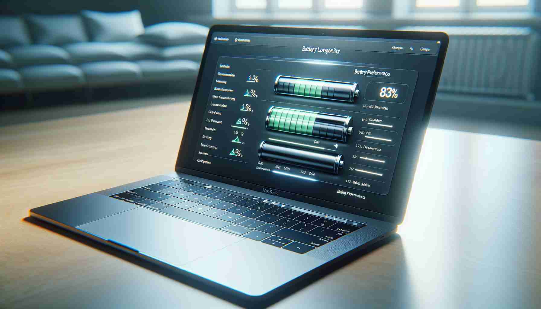 A high-definition, realistic image of a MacBook laptop being optimized for battery life. The scene shows the MacBook laptop open, revealing a screen displaying battery performance settings. In these settings, various parameters are being adjusted to maximize the overall lifespan of the battery, making it clear that battery longevity is the focus of these modifications. The model of the laptop is nondescript, focusing instead on the process of optimization rather than the specifics of the hardware.