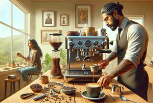 Create a highly detailed and realistic image of a domestic espresso brewing scene. The image should portray a comfortable home setting with a modern espresso machine, fresh coffee beans, a ceramic cup of espresso, and barista tools like a tamper and a milk frother visible. A South Asian man is showcasing the steps of brewing the espresso, while a Middle-Eastern woman observes, both consumed in the process. The background is filled with everyday domestic elements: framed photos, indoor plants, and a morning sunlight streaming through the window. Please do not include people's faces in the image.