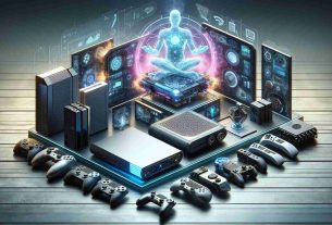 High-definition, realistic illustration of a vision of future gaming: A presentation of multi-functional modern gaming consoles. These are not specifically any known models, but are imagined future versions with advanced features and sleek design.