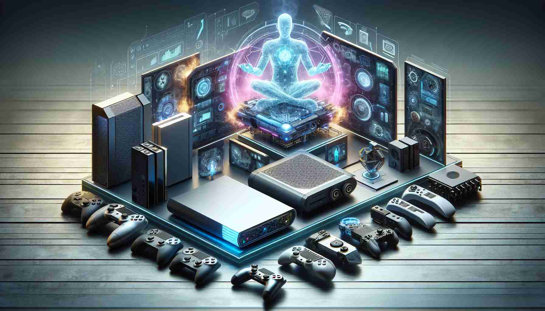 High-definition, realistic illustration of a vision of future gaming: A presentation of multi-functional modern gaming consoles. These are not specifically any known models, but are imagined future versions with advanced features and sleek design.