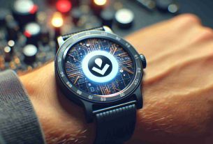 Generate a highly detailed and realistic image of a smartwatch. Focus on the screen and emphasize a unique symbol or icon that is outside the norm, identifiable as something different and uncommon. Surroundings should be blurred slightly with the primary focus on the smartwatch and its display.