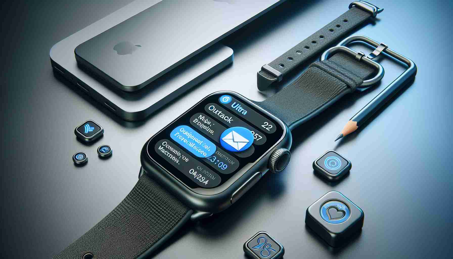 Generate a high definition realistic image of the Ultra edition of an Apple Watch. The screen should display the mail application, indicating a successfully resolved issue with the Outlook complication. It should be on a user-friendly interface with modern, sleek style typical of advanced technology smartwatches.