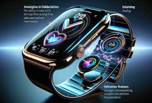 Imagine in high definition, an advanced smart watch showcasing its sleek and improved features. The watch has a glossy, rounded rectangular screen, a vibrant display, a stylish band, and innovative dials. Design considers user ease and comfort, with smooth edges and the illusion of a virtually bezel-less screen. One innovative feature includes the ability to take an ECG directly from the wrist, coupled with oxygen concentration monitoring. An additional feature could be a state-of-the art navigation system. Without naming it, imagine the latest in a popular series of smart watches.