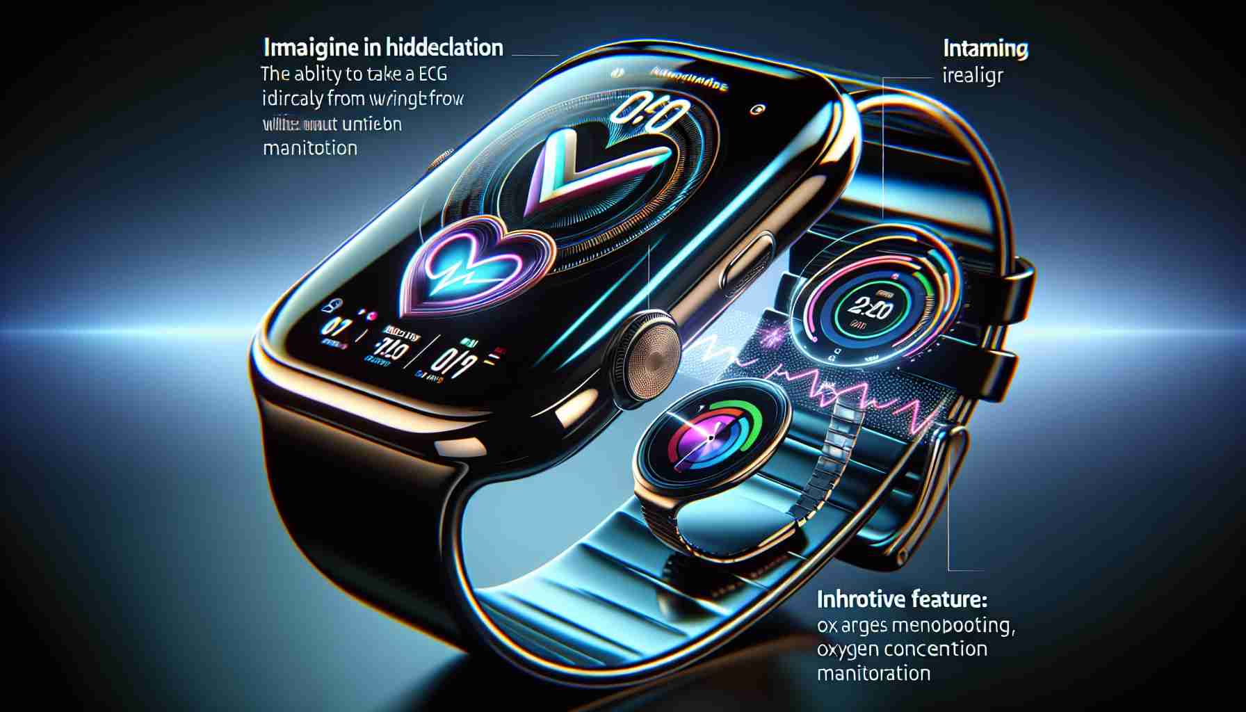 Imagine in high definition, an advanced smart watch showcasing its sleek and improved features. The watch has a glossy, rounded rectangular screen, a vibrant display, a stylish band, and innovative dials. Design considers user ease and comfort, with smooth edges and the illusion of a virtually bezel-less screen. One innovative feature includes the ability to take an ECG directly from the wrist, coupled with oxygen concentration monitoring. An additional feature could be a state-of-the art navigation system. Without naming it, imagine the latest in a popular series of smart watches.