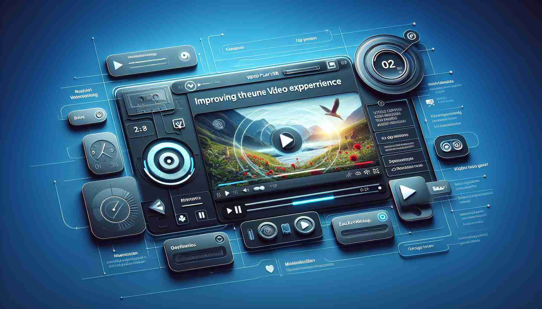 Realistic high-definition illustration showing a video player interface improving the user experience. The design should convey concepts of ease of use, access to multiple functionalities and advanced settings, while ensuring the viewer can fully enjoy and control the video playback. This is not tied to any specific brand or application, the design should be generic and innovative.