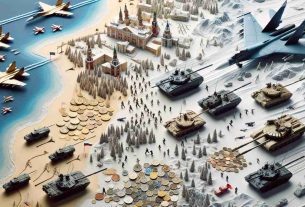 A high-definition, realism-themed portrayal of a metaphor symbolizing a shift in military strategy. The focus of the artwork is on Russia, which could be represented by various cultural icons or landmarks. Show a scale model of various military equipment, such as tanks or fighter jets, moving towards a different direction, denoting a change in strategy. Additionally, display a recurring motif of coins or currency, signifying the concept of financial commitment. Covet the prevailing weather conditions to be chilly or winter-like, evoking the famous Russian climate.