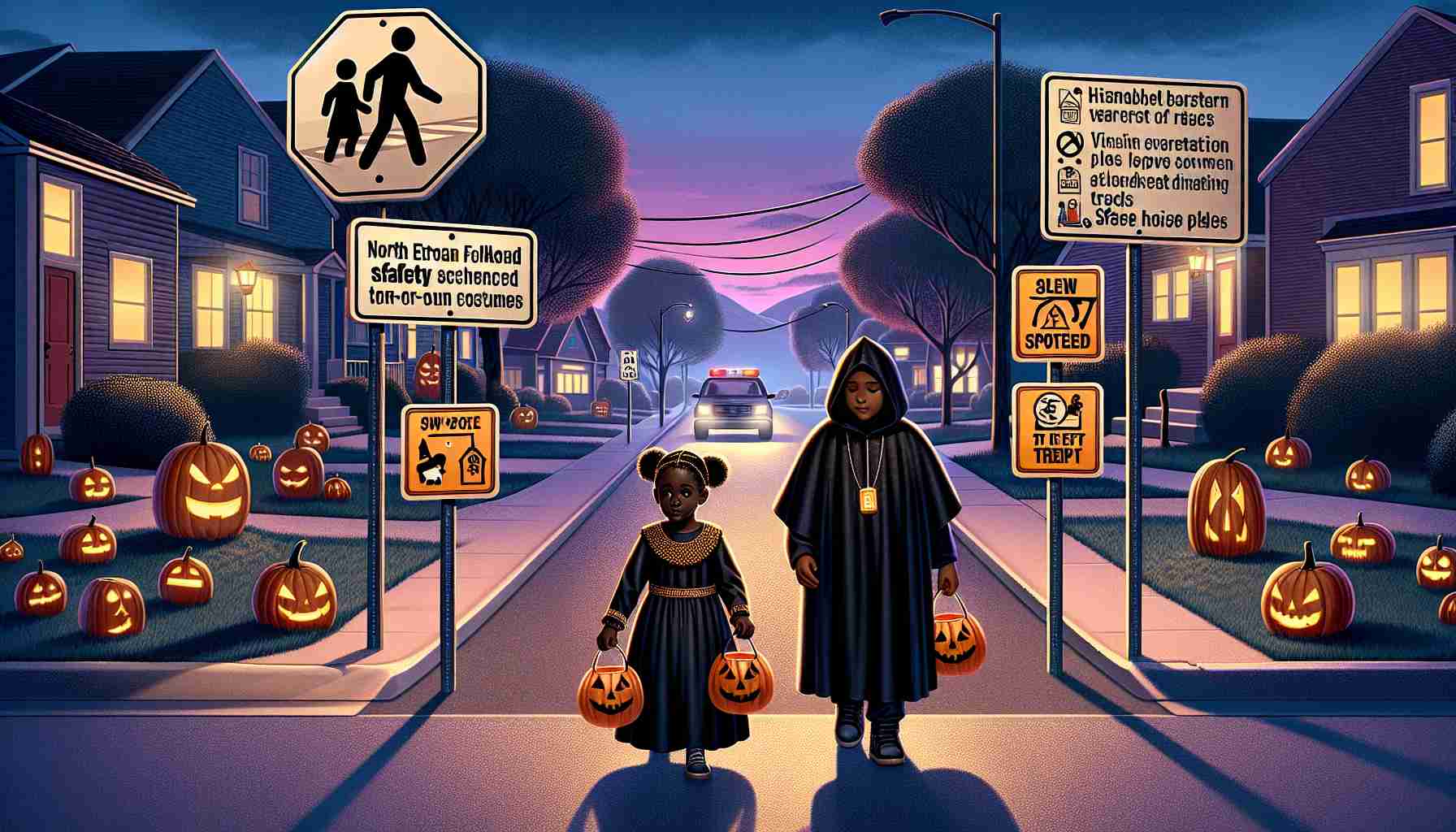 High-definition realistic illustration showing various strategies to enhance safety for children during Halloween. Showcase a pair of children, one of Black descent and one of Hispanic descent, both of various genders. They are dressed in northern European folklore-inspired non-scary costumes, walking on a well-lit, suburban street at dusk, carrying visible, reflective trick or treat bags. There should be a adult guardian of Middle-Eastern descent, also in a non-scary costume, watching over them. Include clear road signs indicating slow speed zones, laminated safety tips attached to their bags, and well-marked, illuminated houses denoting safe places.