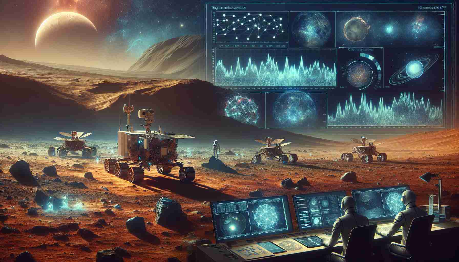 Create a high-definition, realistic image representing the exploration and recent discoveries pertaining to the topic of past habitability on Mars. The scene can include elements like advanced rovers scouring the Martian landscape, data graphs indicating the presence of water in the past, or scientists in a control room analyzing data. The mood should be inspiring and filled with awe about the potential past life on Mars.