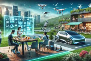 A high-definition, realistic image representing various new innovations impacting daily life. This includes a touchscreen table at a cafe, where a group of friends are interacting with the digital menu, a person testing out a new VR fitness regimen, and a self-driving electric car charging in a greened city landscape. Above them all, drones surveil the scene, delivering packages efficiently. The scene displays the vibrant interplay between technology and modern lifestyles.