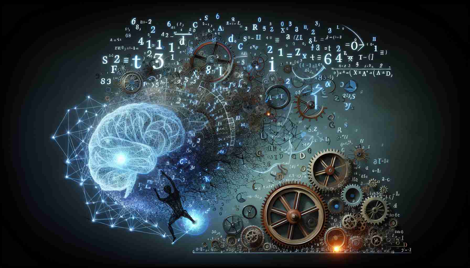 An illustration depicting the concept of 'The Limitations of Large Language Models in Understanding Mathematical Reasoning.' Imagine a large, complex mathematical formula sprawling out in the air, crafted of glowing numbers and symbols. Meanwhile, a large, traditional language model is represented as various interconnecting gears and cogs, trying to reach out - but just failing to grasp - the hovering mathematical formula. Let the language model be seen struggling with its inability to fully comprehend and decode the abstract mathematical symbols and equations.