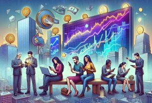 Create a highly detailed picture representing the rise of digital assets in a transforming economic environment. The scene should consist of a diverse group of people, each navigating this shift in their own ways in a cityscape. Portray a Hispanic woman using a smartphone with cryptocurrency trading app, a South Asian man analyzing a digital asset value graph on his laptop, a black woman admiring her digital art collection on a tablet, and a Caucasian man purchasing an item with a digital wallet. The backdrop should be a metropolis with electronic billboards displaying digital currency symbols and stock market figures.