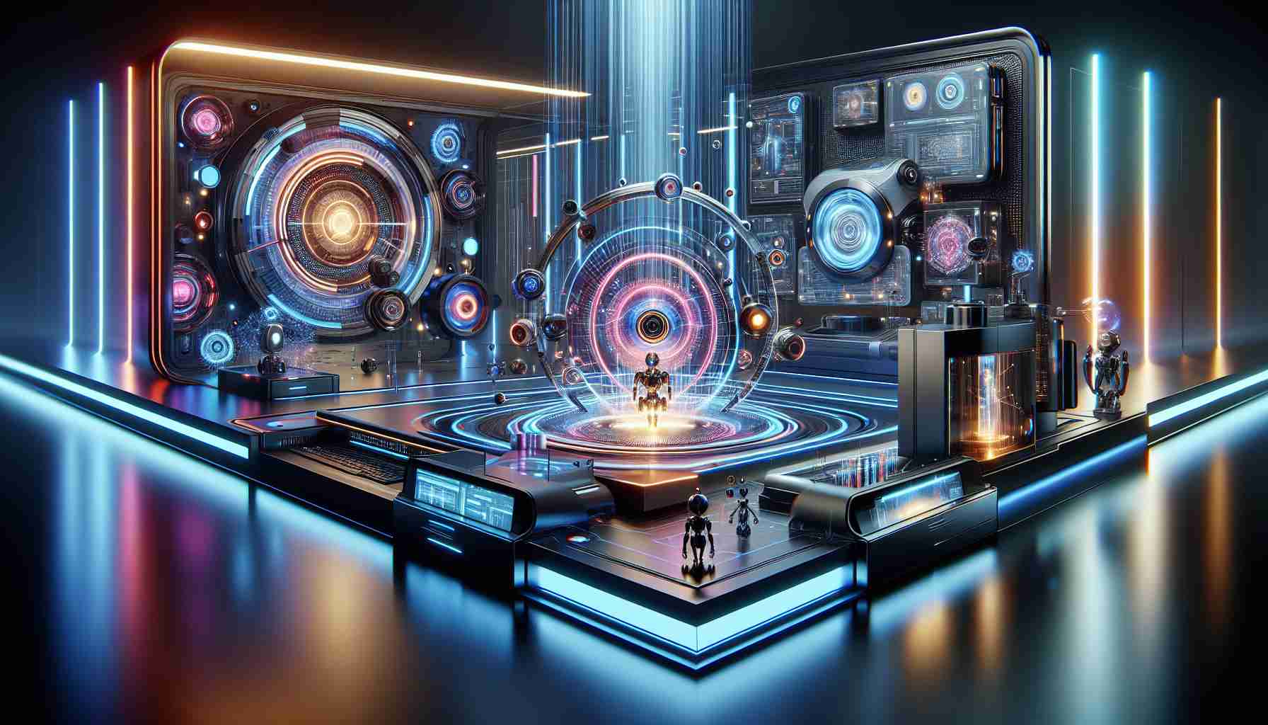 A high-definition, realistic image capturing the concept of future innovations at a major technology company. The scene includes cutting-edge gadgets, state-of-the-art AI systems, and novel user interfaces. Emphasize a sleek, modern design, vibrant lighting, and a touch of science fiction element to reflect the forward-thinking ethos of this technological powerhouse.