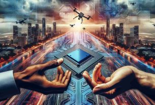 Generate an HD quality image illustrating the concept of a revolution in semiconductor collaboration. This could be represented by two hands of different ethnic backgrounds coming together to hold a semiconductor chip against a background that further emphasizes the revolutionary aspect, such as a striking urban scene with flying drones and digital information in the air. The foreground is dominated by intricate semiconductor diagrams and holographic grids, showcasing the direction of progress.