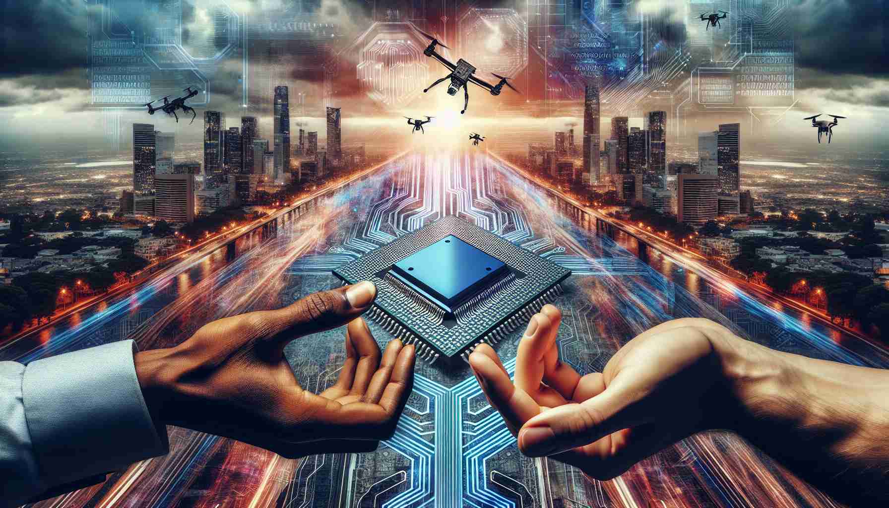 Generate an HD quality image illustrating the concept of a revolution in semiconductor collaboration. This could be represented by two hands of different ethnic backgrounds coming together to hold a semiconductor chip against a background that further emphasizes the revolutionary aspect, such as a striking urban scene with flying drones and digital information in the air. The foreground is dominated by intricate semiconductor diagrams and holographic grids, showcasing the direction of progress.