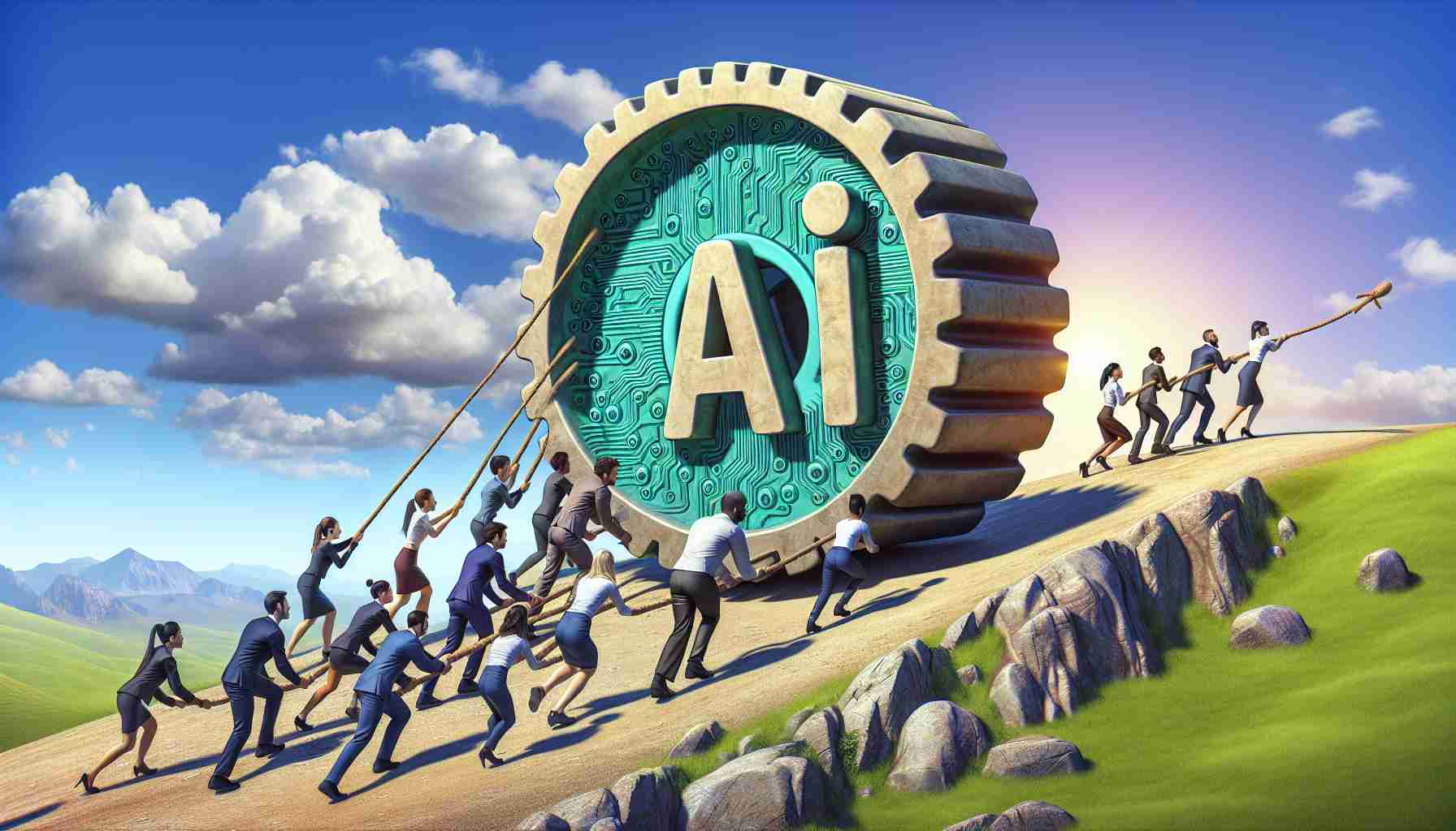 Generate a photo-realistic high-definition image depicting the metaphorical concept of tech companies pushing towards artificial intelligence for content moderation. Visualize this as a group of individuals with diverse descents and genders symbolizing tech companies, rolling an enormous stone wheel labeled 'AI' up a steep hill to represent the challenges of AI implementation. A clear sky is above them indicating optimism and determination.