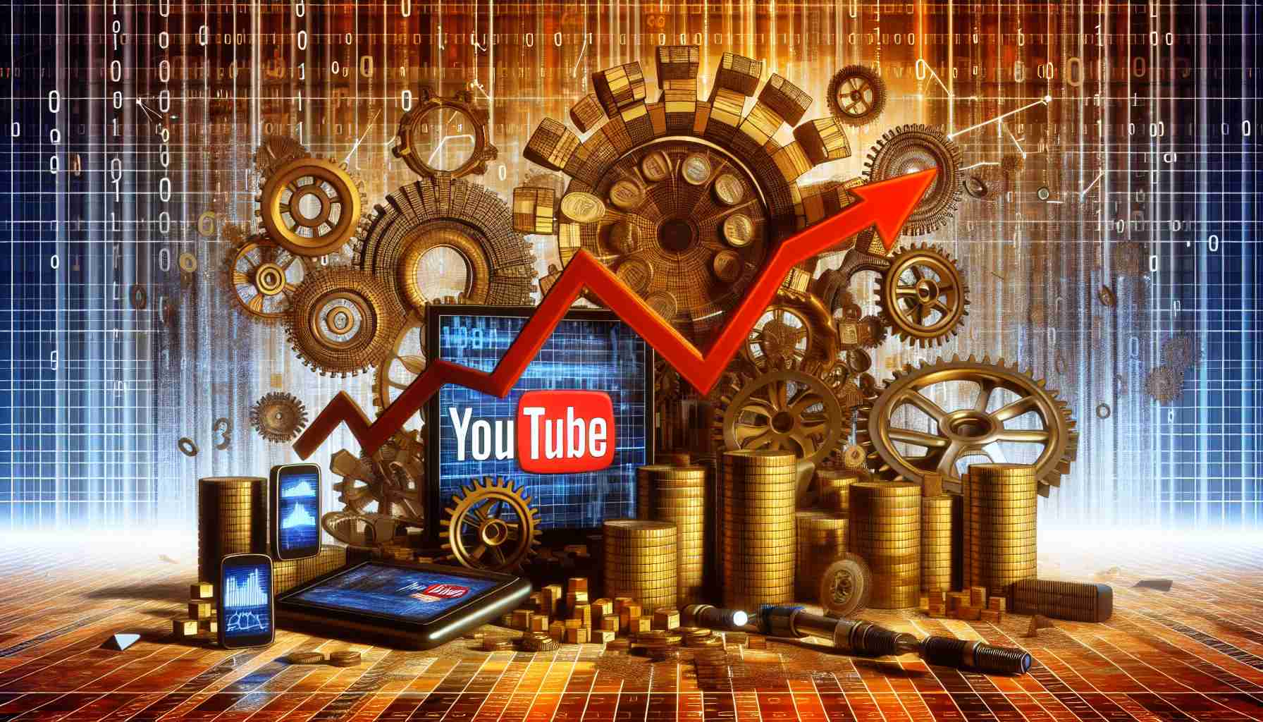 Very high resolution, hyper-realist image showing an abstract representation of 'YouTube' as a strong economic entity in the internet era. The main scene consists of physical symbols and metaphors that resonate with financial strength such as stacks of gold coins, digital graphs in an upward trend, cogwheels representing gears of economy, devices showing the YouTube logo, and fiber optic cables symbolizing the digital age. The backdrop is filled with binary codes indicative of a digital world, emphasizing the virtual nature of this platform's influence.