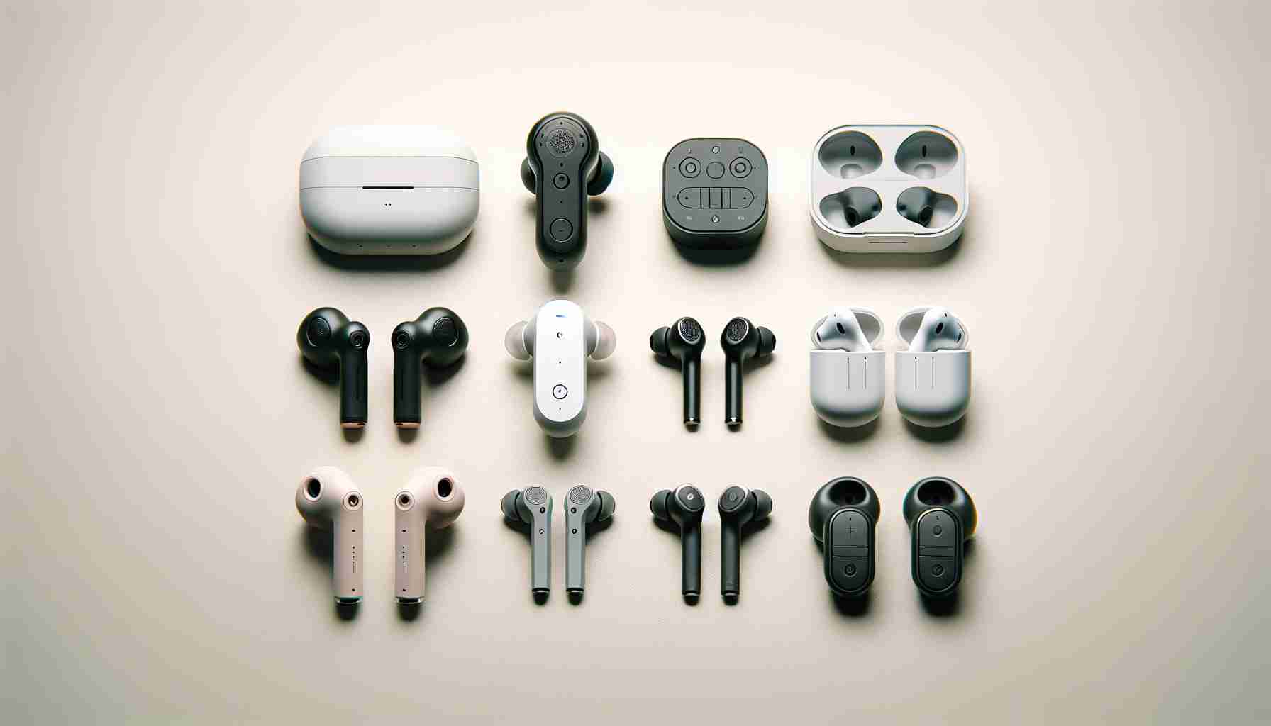 Generate a realistic, high definition image showcasing five pairs of affordable true wireless earbuds, each different in design and brand. Make the image in such a way that it communicates practicality and economy. Feature each set of earbuds laid out neatly, perhaps on a plain, simple background to underscore their utility. Highlight each product's unique design elements and, if possible, offer visual hints about their comfort level and build quality.