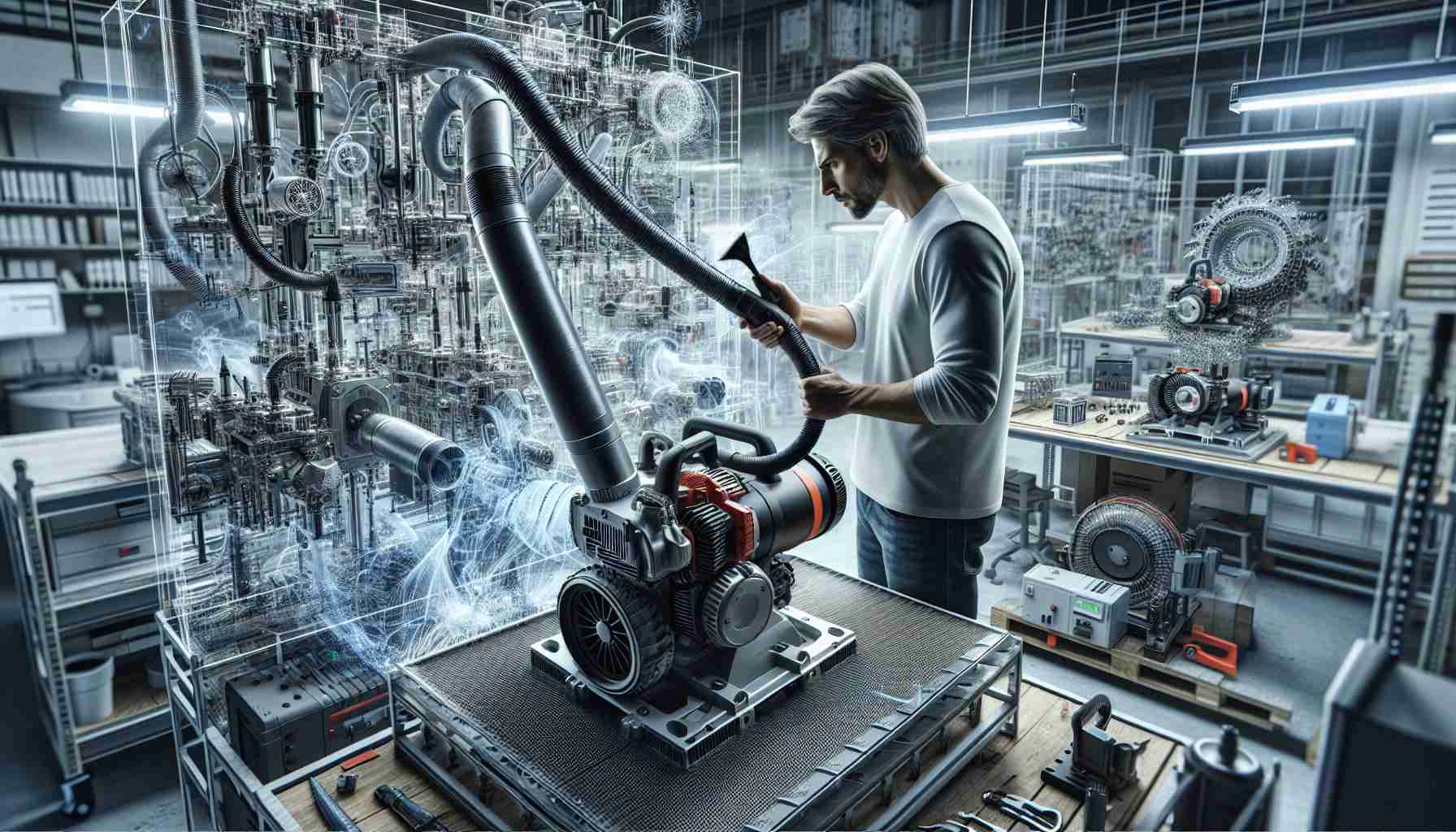 A detailed, high-definition image displaying the modern methods of testing leaf blowers. In the center, a Caucasian male engineer is meticulously evaluating the functionality of a new leaf blower model. He is standing in a laboratory setting filled with arrays of complex devices and advanced machinery, which are being utilized for the testing procedures. The engineer's attention to detail reflects the revolutionizing methods used in today's leaf blower testing procedure. The setting holds aura of innovation, with the potential to change the landscape of leaf blower manufacturing industry for better.