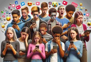 An HD image that realistically depicts the impact of social media on the everyday lives of teenagers. It may include a diverse group of teenagers from different descents like Caucasian, Hispanic, Black, Middle-Eastern, and South Asian. Some of them could be engrossed in their smartphones, scrolling through social media platforms, while others could exhibit different emotional responses like happiness, sadness, frustration, and surprise. Also, consider showing physical impacts, such as bad posture and strained eyes. Important to incorporate various elements that represent modern digital culture like emojis, hashtags, and the heart icon for 'likes'.