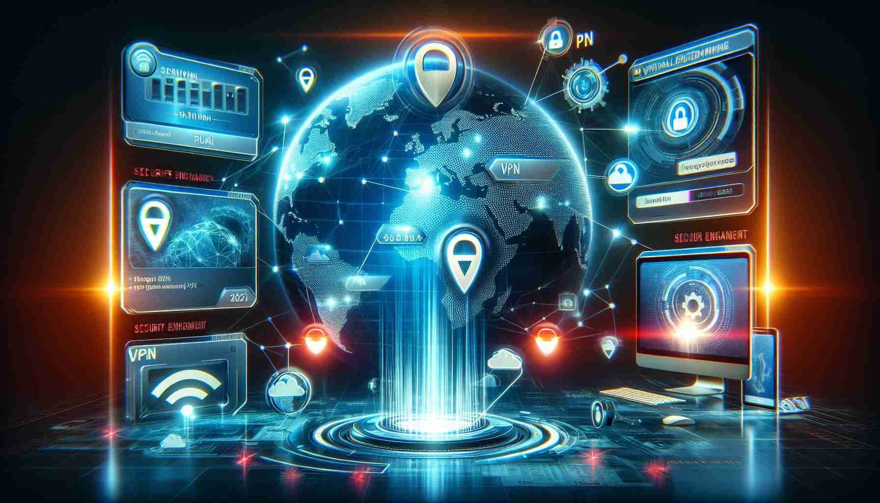 Create a realistic, high-definition image emphasizing online security. Imagine a futuristic desktop interface in 2025 featuring the logos of top virtual private network (VPN) services. The layout could include a world map background suggesting global connectivity, with pulsating lights emanating from VPN servers located worldwide. Add a floating progress bar indicating 'security enhancement' and some innovative tech elements for an advanced feel, such as holographic screens and digital sliders. Remember to keep logos abstract and generic to avoid copyright issues.