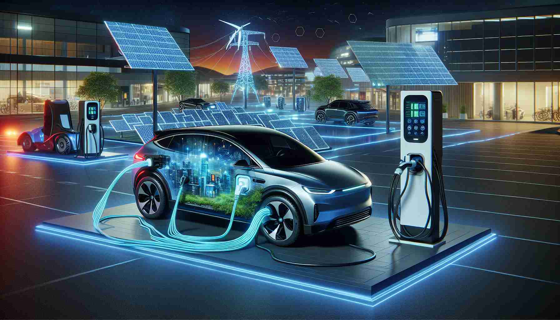 Render a high-definition, true-to-life illustration of revolutionary Vehicle-to-Grid (V2G) technology making headway in the electric vehicle (EV) market. The scene should showcase a modern EV plugged into an advanced charging port, which is connected to a smart grid. Energy flow should be depicted in both directions, from the grid to the car and vice versa. The backdrop should hint at a thriving automotive market with various related peripherals, like charging stations and solar panels, suggesting the positive impact of EV technology on the environment and highlighting its growing acceptance.