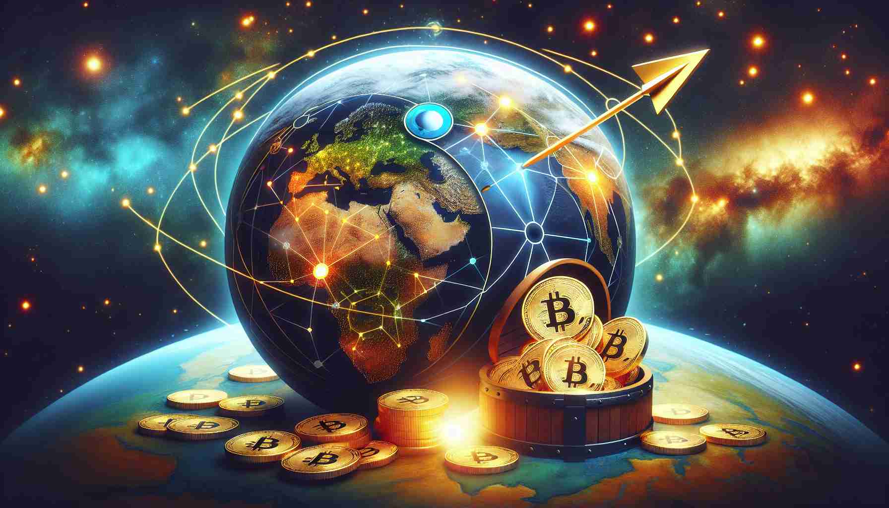 Generate a hyper-realistic high definition image of a metaphorical planet. On this planet symbolism, insert a visual representation of aiming towards the stars, illustrated by an arrow or a hand reaching out into the cosmos. Additionally, on the surface of the planet, represent a Bitcoin accumulation plan with a treasure chest overflowing with symbolic Bitcoin coins.