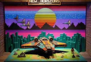 An interpretation of the fictional spacecraft conceptualized as 'New Horizons' integrated into a scene from a vintage adventure-themed video game. The spacecraft is designed with a futuristic yet rustic look, colorfully adorned with immaculate details. The backdrop represents a pixelated landscape marked by vibrant, neon hues, with an 8-bit aesthetic reminiscent of the classic video game era. The scene is crafted to evoke a sense of adventure and exploration, worlds colliding in an amalgamation of science fiction and retro gaming.