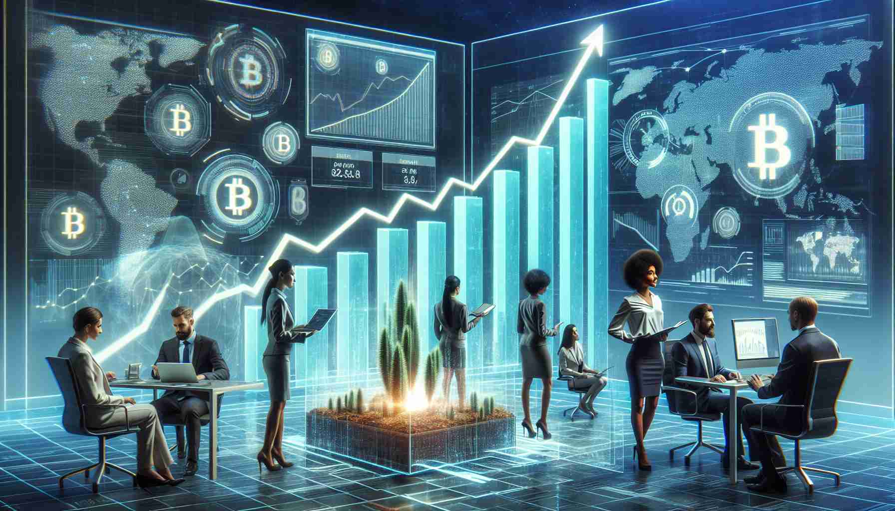 A realistic, high-definition image showing exploration of cutting-edge financial technologies. It may depict a futuristic virtual bar chart sprouting upwards denoting financial growth. On one side, there is a diverse group of people, including an African American woman and an Asian man, both dressed in business attire, possibly analyzing the data on the screens. Nearby, a large transparent screen displays the latest cryptocurrency rates and advancements in blockchain technology. On the other side, a Hispanic woman is seen interacting with a futuristic hologram interface, signifying digital transformation in finance.