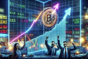 A high definition, realistic image showing an upward pointing arrow on a graph, signifying the soaring price of Bitcoin. The graph is placed in the centre, glowing with neon colors on a digital screen. The backdrop bustles with a sense of optimism; there are enthusiastic traders, an Asian man and a Hispanic woman, in the foreground celebrating their gains. On the far end, a ticker tape display flashes the latest market updates.