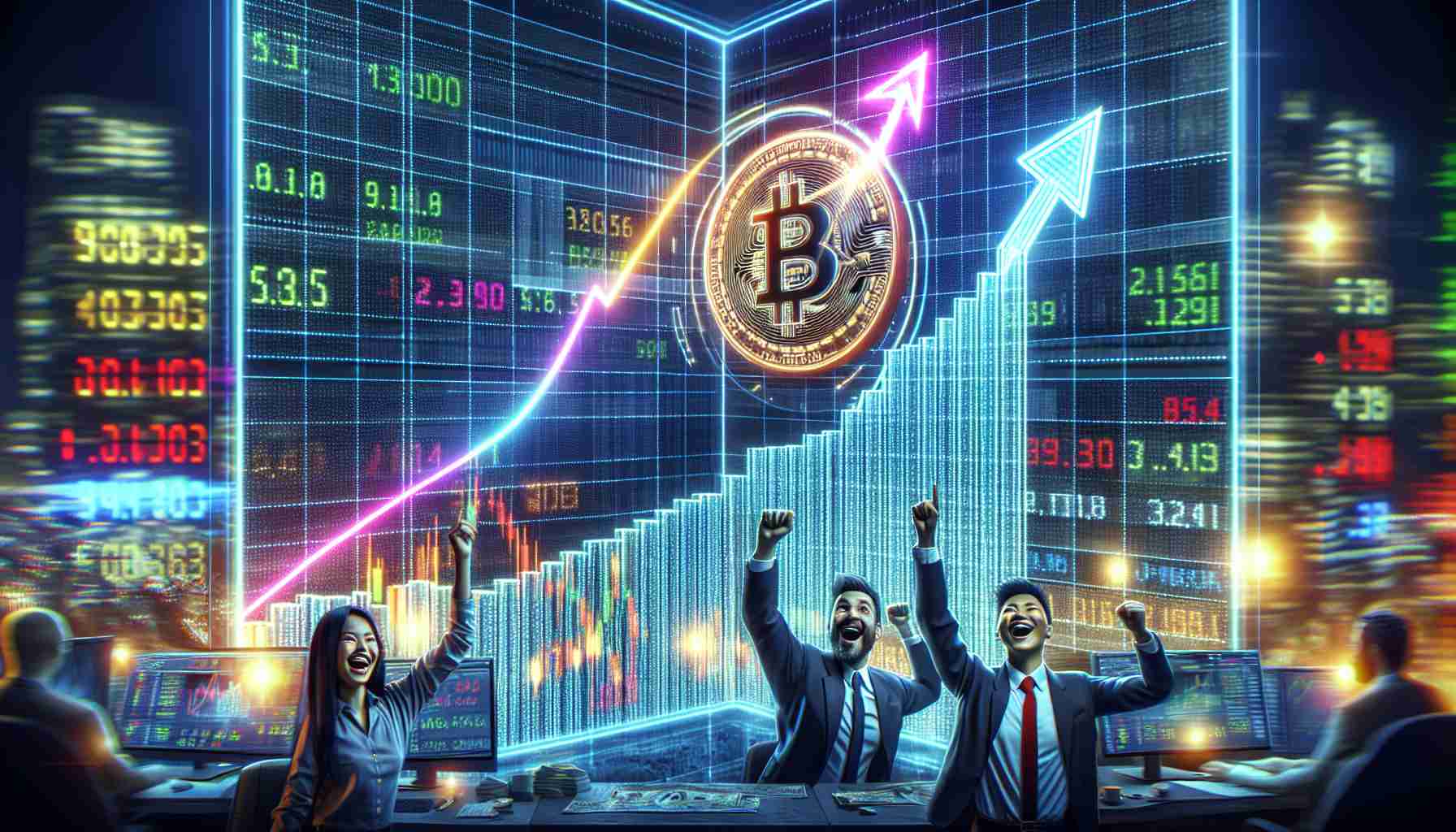 A high definition, realistic image showing an upward pointing arrow on a graph, signifying the soaring price of Bitcoin. The graph is placed in the centre, glowing with neon colors on a digital screen. The backdrop bustles with a sense of optimism; there are enthusiastic traders, an Asian man and a Hispanic woman, in the foreground celebrating their gains. On the far end, a ticker tape display flashes the latest market updates.