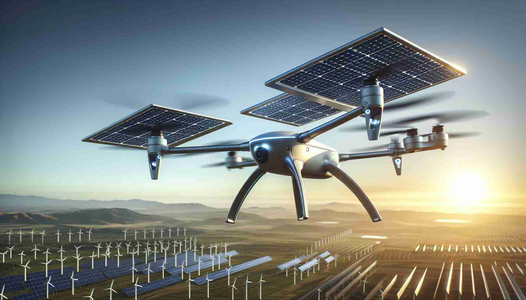 Create a highly detailed, realistic HD image showcasing the future of clean energy. The focal point is a modern drone flying high in the clear sky, its body equipped with advanced solar panels to harness energy from the sun. The drone should highlight cutting-edge technology with streamlined design for maximum aerodynamics. The background could hint towards a sustainable future, possibly showing a landscape dotted with renewable energy sources like wind turbines and other solar installations. The lighting should suggest it is midday, with the sun at its peak, perfectly illuminating the solar-powered drone.