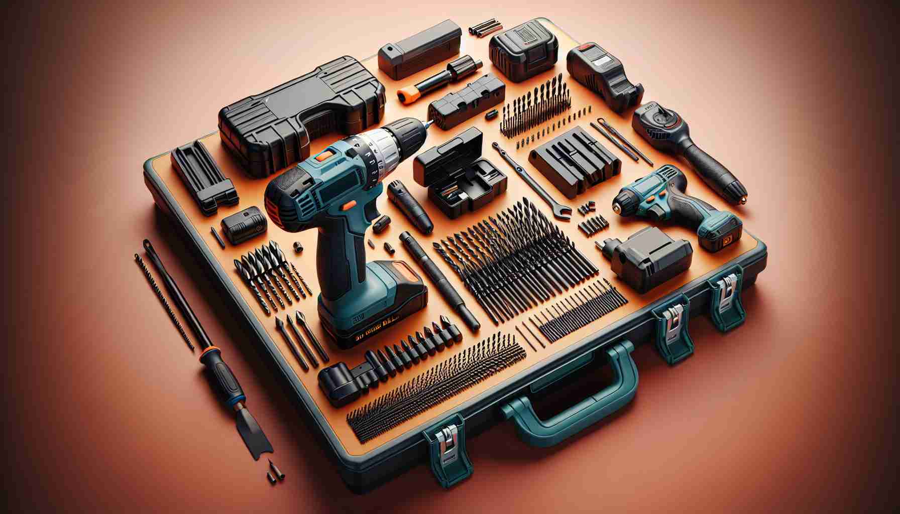 Craft a high-resolution, authentic image of a comprehensive cordless drill kit, showing all the essentials that should be in such a tool set. It should include things like a wide array of drill bits, a power drill with a cordless design, and other important items like a charger, battery packs, a carrying case, and possibly some other miscellaneous tools. Render this setup in a way to emphasize the idea of 'upgrading one's toolbox'.