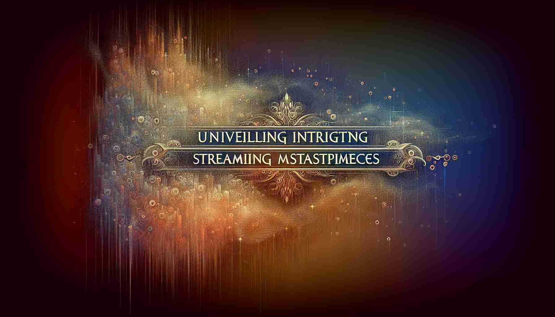 Generate a hyper-realistic, high-definition image that showcases the title 'Unveiling Intriguing Streaming Masterpieces'. The title should be written in a distinct, sophisticated font, perhaps adorned with intricate details, immediately drawing attention. The background should be subtly darker to highlight the text, perhaps a soft color gradient. The entire image should reflect the concept of streaming masterpieces – perhaps scattered, soft light particles that may symbolize data streaming, scattered all over the image.