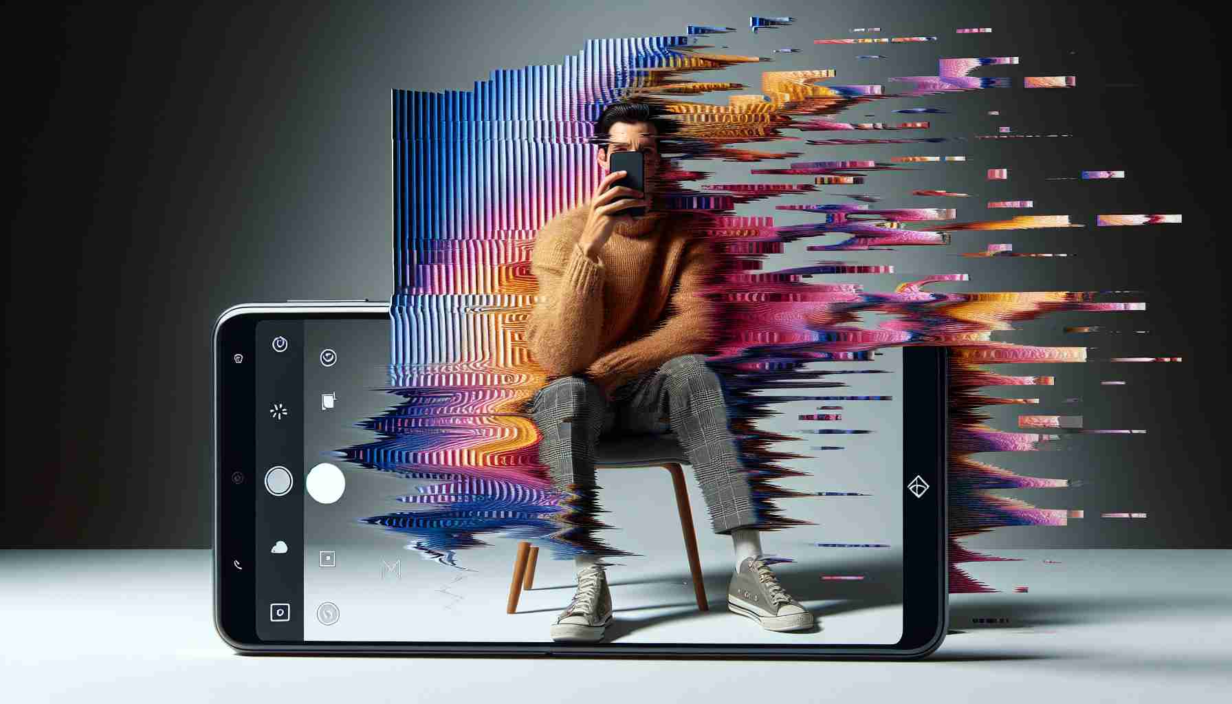 Create a high-definition, realistic image that represents a sudden and unforeseen glitch occurring during a photography session on a generic smartphone. The glitch could manifest as unexpected patterns, colors, or distortions in the subject being photographed.