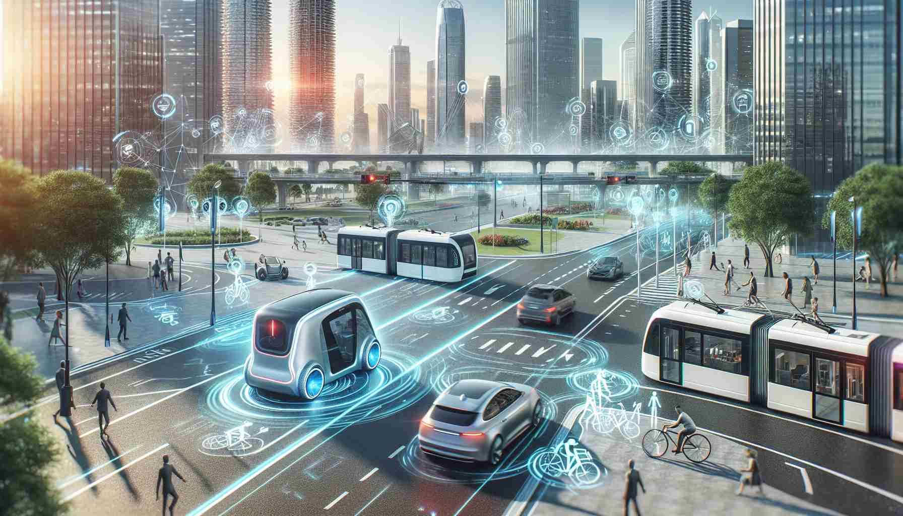 A high-definition, realistic image of an advanced autonomous technology revolutionizing urban mobility. The scene may include futuristic self-driving cars navigating seamlessly through a bustling, modern cityscape. Also include innovation in public transportation such as automated buses and trams. Depict well-organized traffic where advanced technology assists pedestrians, cyclists, and traditional vehicles cohabiting harmoniously. Additionally, the city infrastructure should be smart and integrated with the autonomous tech, showing connectivity, efficiency, and smooth operation.