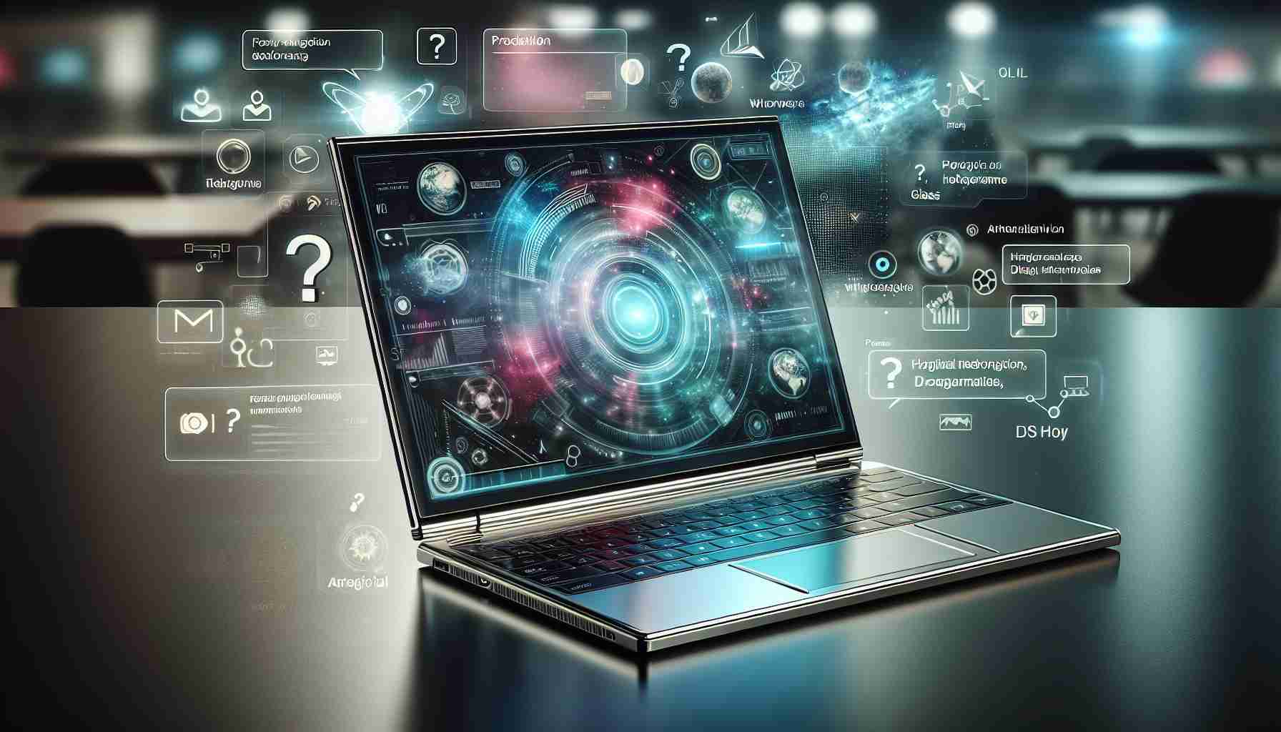 An ultra high-definition, realistic image of a hypothetical next-generation laptop. It should boast futuristic features like a sleek design, edge-to-edge screen, glass keyboard, and potential innovative technologies, such as holographic display and artificial intelligence integration. The laptop should be on a modern workspace to spark curiosity and speculation. Around it should be digital icons representing rumors and speculations like question marks, whisper bubbles, ambiguous headlines, and more.