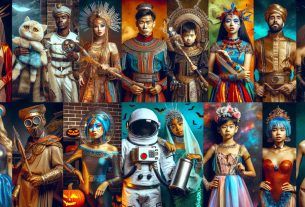 A vivid and highly detailed image illustrating unique Halloween costume ideas for an unforgettable celebration. The scene includes an East Asian man dressed as an ancient knight, a Caucasian woman in a steampunk outfit, a Middle-Eastern child in an astronaut attire, and a Black woman donning a magical mermaid costume. There is a mix of creative accessories, inventive makeup, and well-crafted outfits — showcasing a delightful array of styles and cultural interpretations of classical themes, all set against a backdrop of a lively Halloween party.