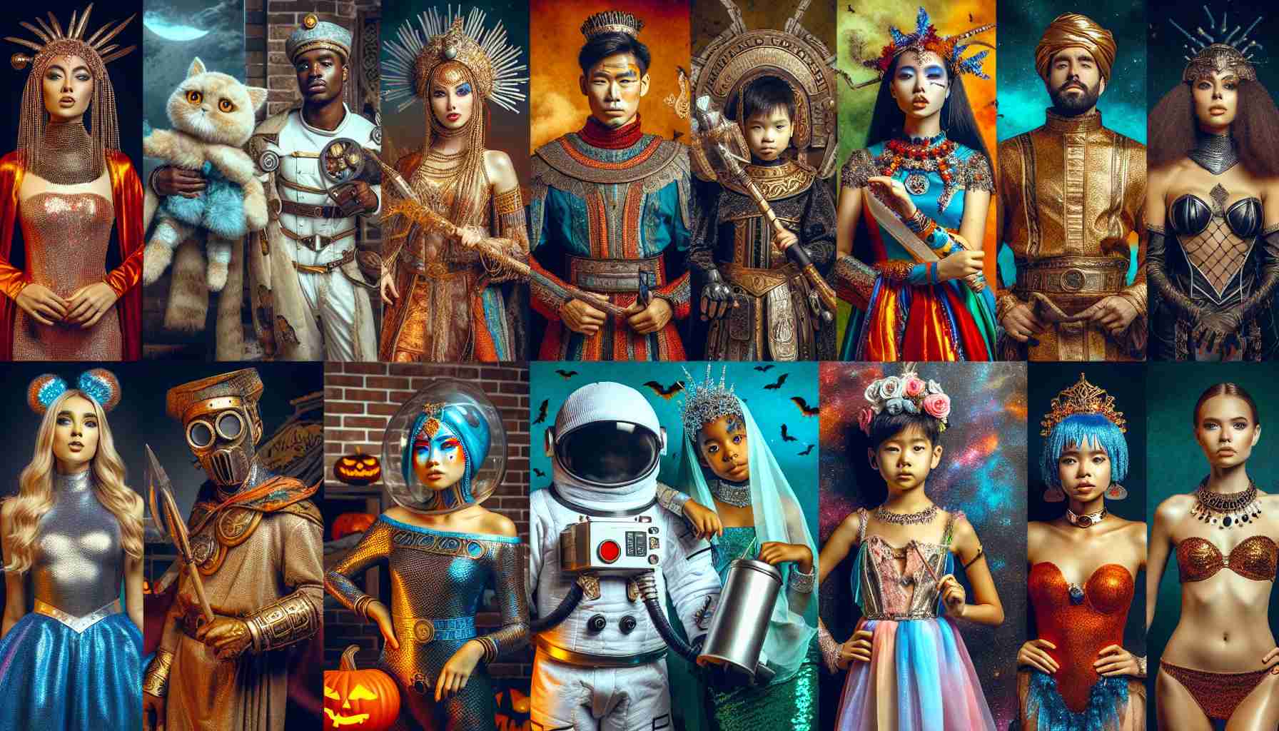 A vivid and highly detailed image illustrating unique Halloween costume ideas for an unforgettable celebration. The scene includes an East Asian man dressed as an ancient knight, a Caucasian woman in a steampunk outfit, a Middle-Eastern child in an astronaut attire, and a Black woman donning a magical mermaid costume. There is a mix of creative accessories, inventive makeup, and well-crafted outfits — showcasing a delightful array of styles and cultural interpretations of classical themes, all set against a backdrop of a lively Halloween party.