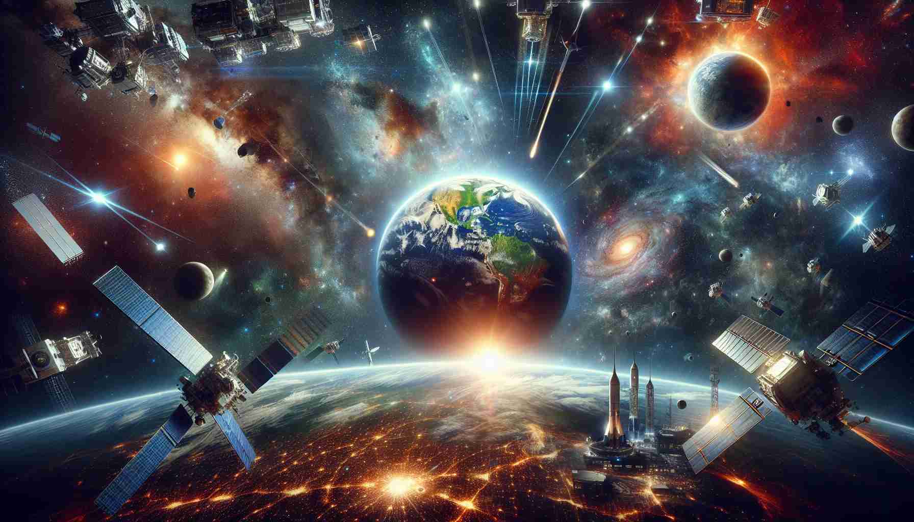 Create a detailed and realistic high-definition image that depicts the concept of 'Defending Earth: The New Frontier of Planetary Safety'. Include a dramatic representation of Earth in the center, surrounded by advanced technology to represent our defense systems. These might include satellites, space stations, and high-tech beam weapons strategically pointed towards the cosmos. Portray the vastness of outer space as the background, dotted with distant galaxies and nebulae but also with hinted potential threats like asteroids and extraterrestrial entities. The image should emphasize the grandeur and the fragility of our planet, whilst espousing a hopeful sentiment about humanity's potential to safeguard its home.