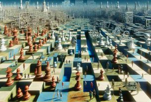 A hyper-realistic, high-definition image depicting the abstract concept of exploring the world of mind games. This could include a vast landscape filled with large, three-dimensional chess pieces, puzzles, and mazes replacing traditional geographical features. Characters of diverse descents and genders could be seen navigating this land, engaging with the games in various ways, showcasing a wide range of emotional expressions. The atmosphere could be one of intrigue, challenge, and intellectual adventure. Blending elements of surrealism and realism could render this strange world convincingly real.