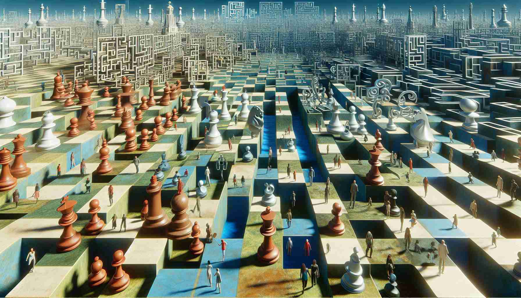 A hyper-realistic, high-definition image depicting the abstract concept of exploring the world of mind games. This could include a vast landscape filled with large, three-dimensional chess pieces, puzzles, and mazes replacing traditional geographical features. Characters of diverse descents and genders could be seen navigating this land, engaging with the games in various ways, showcasing a wide range of emotional expressions. The atmosphere could be one of intrigue, challenge, and intellectual adventure. Blending elements of surrealism and realism could render this strange world convincingly real.