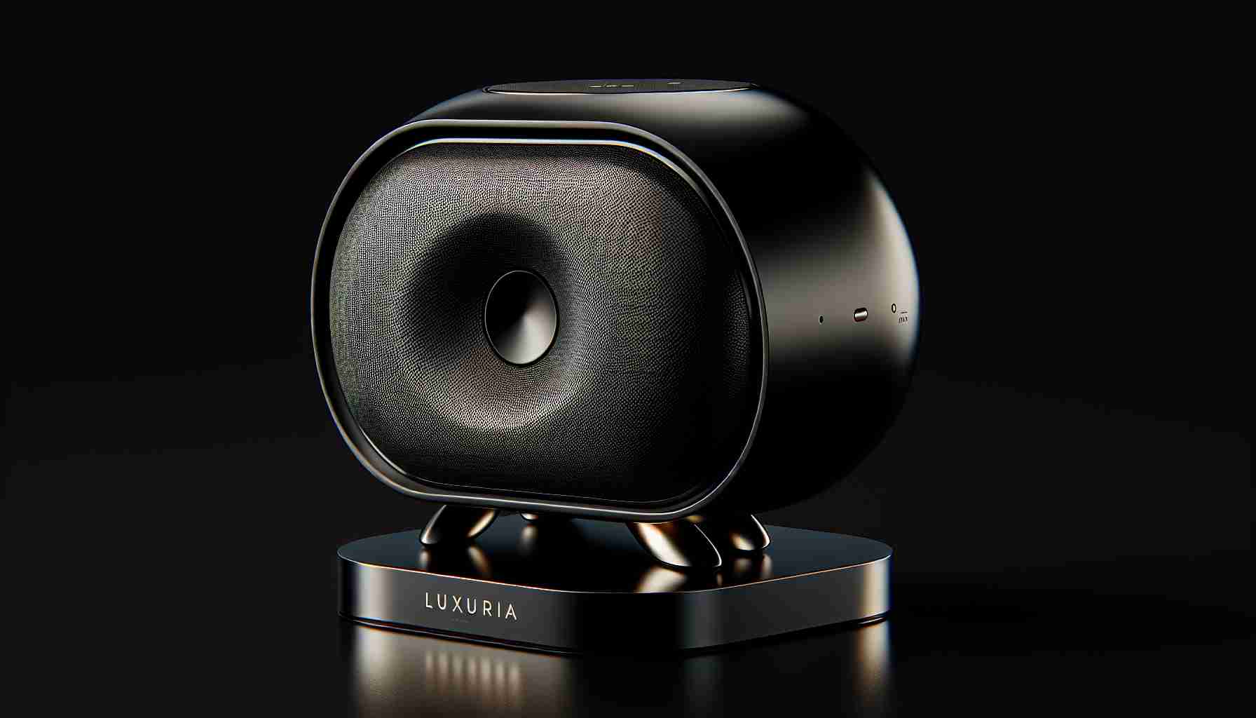 Generate a high-definition, realistic image showcasing the innovative Luxuria Wireless Speaker. The design exudes elegance. It features a sleek shape, contemporary style, finished in a glossy noir hue. Detail shows as if it were a premium product for sound enthusiasts seeking an excellent aural experience. The speaker emanates an aura of revolutionary sound experience, featuring cutting-edge technology and exuding an air of luxury. Imagine this speaker poised on an elegant side table, reflecting the ambient light within a chic, modern living room.