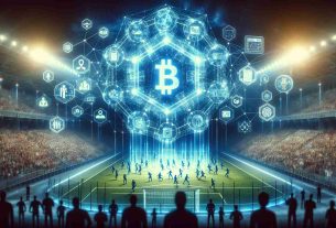 An image representation illustrating the concept of 'Revolutionizing Sports Engagement Through Blockchain Technology'. In this detailed depiction, visualize a large digital screen displaying a decentralised, immutable ledger typical of Blockchain comprising multiple data blocks interconnected, placed on a background of a packed sports stadium resonating with energy. Also, to symbolize the digital transformation, add the silhouettes of a diverse group of people engaging with futuristic transparent screens showing various sports-related data synced with the blockchain. For a final touch, include symbols or small infographics representing privacy, security, and transparency around the main scene.