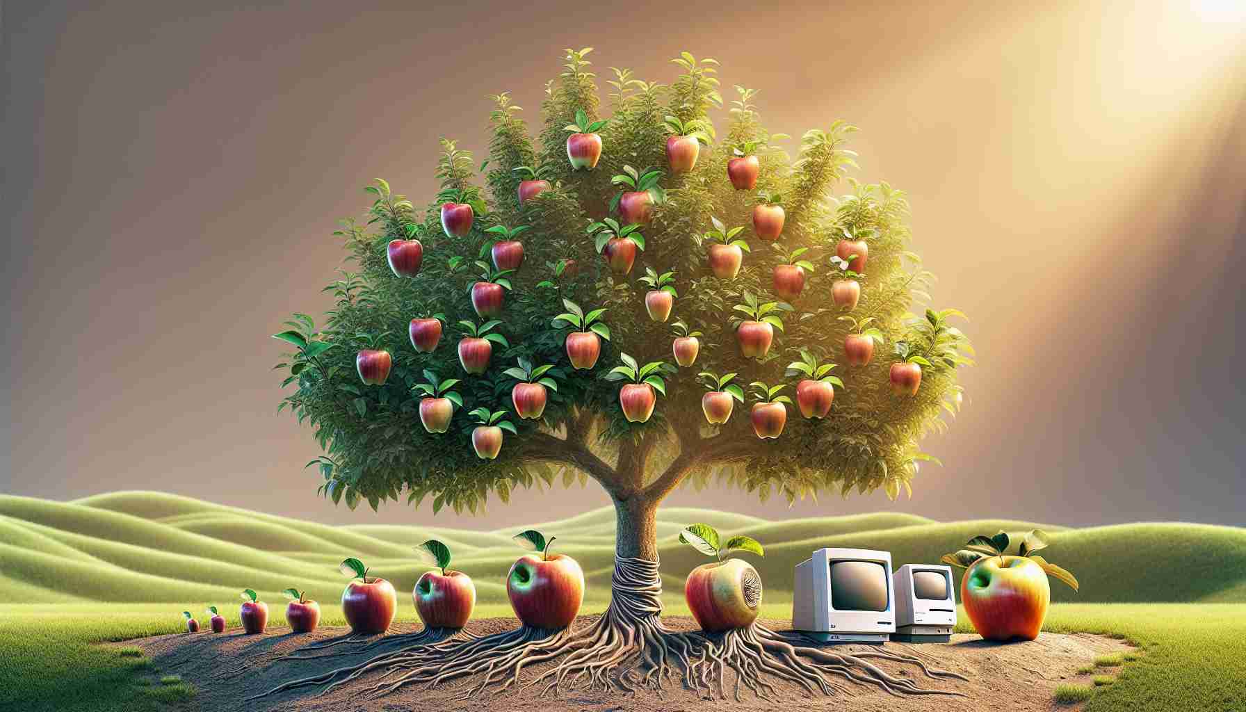 Generate a high definition, photorealistic image that encapsulates Apple's journey of innovation. Depict a time-lapse visual starting with a traditional apple tree beginning to grow, then shifting to a tree bearing strange fruits in the shape of early personal computers. As the tree continues to grow, its fruits morph into sleeker and more modern handheld devices, representing the progression of technology over time. Combine elements of nature and man-made technology to represent the blend of organic growth and technological advancement.