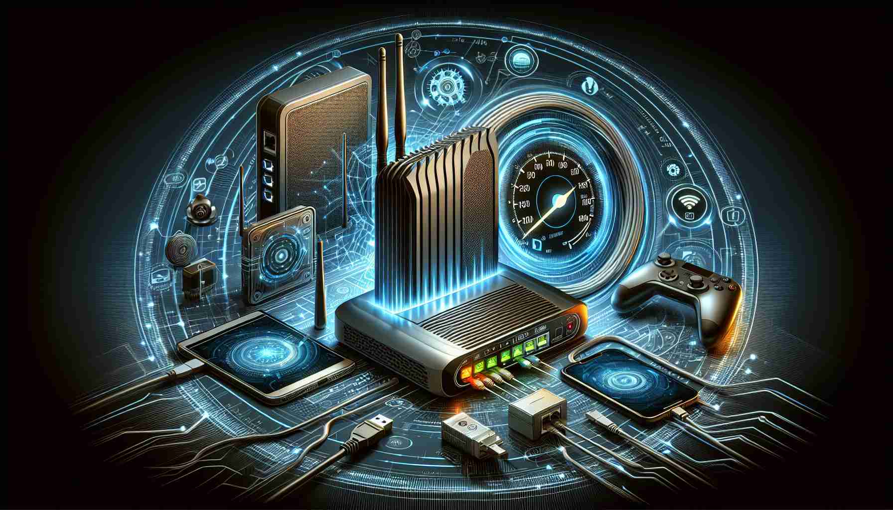 Generate a highly detailed and realistic image showcasing an exploration of generic home internet offerings. This visual representation could include a variety of elements such as a modem, ethernet cables, a sleek wireless router, and several devices like smartphones, laptops, and gaming consoles, all connected to display the power of home internet. Visualize the signal strength through lines emitting from the router, connecting across the devices, symbolizing the efficiency of the network. Also, demonstrate the speed concept with a speedometer on the screen of one of the devices, showing excellent performance metrics.