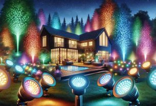 Please generate a realistic, high-definition image depicting a residential setting upgraded with Lifx Color-Changing Floodlights. The image should depict an evening scene where the floodlights generate a stunning array of colors that illuminate the outdoor space. The home should be nestled amidst trees, with the vibrant colors from the floodlights creating a mesmerizing spectacle. Create a composition where the central focus is on the effect of the color-changing floodlights, suggesting a festive, welcoming atmosphere.